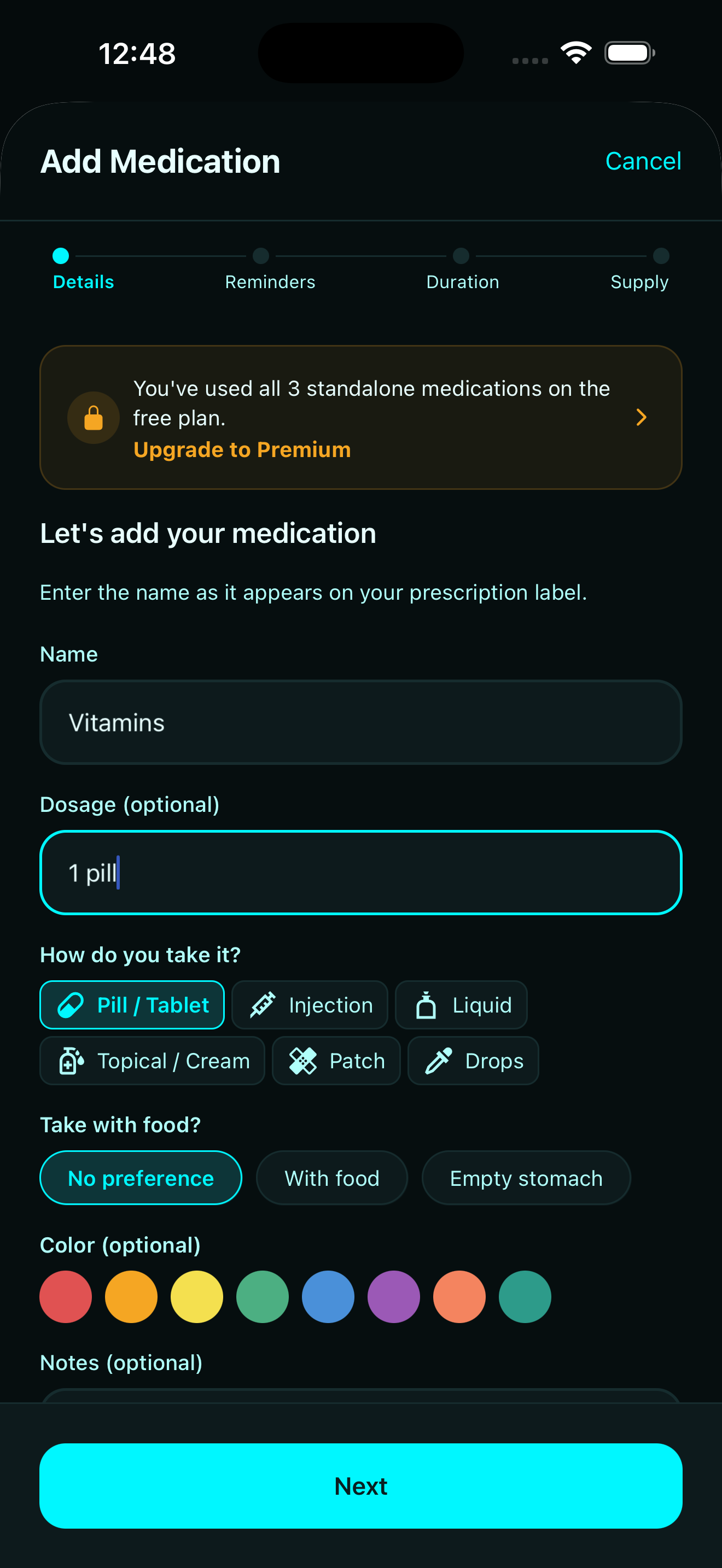 Add Medication — setup flow